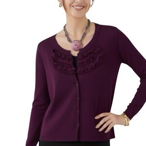 Nine West Plum Ruffle Front Long Sleeve Cardigan Sweater Size Large